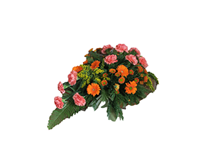 Blommor till begravning Mariefred - Beställ blommor till begravning - Kistdekoration i rosa och orange toner