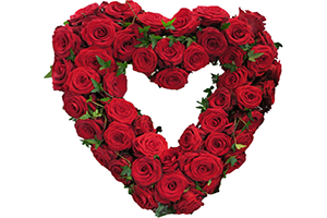 Blommor till begravning Mariefred - Beställ blommor till begravning - Öppet blomsterhjärta röda rosor